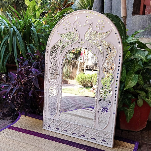 Peacock (white) - Lippan work Mirror ( 2 ft x 3ft)