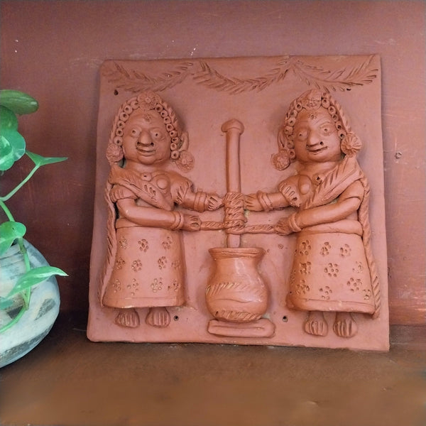 Women Churning Milk- Terracotta Tile