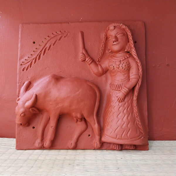 Woman with cow - Terracotta Tile