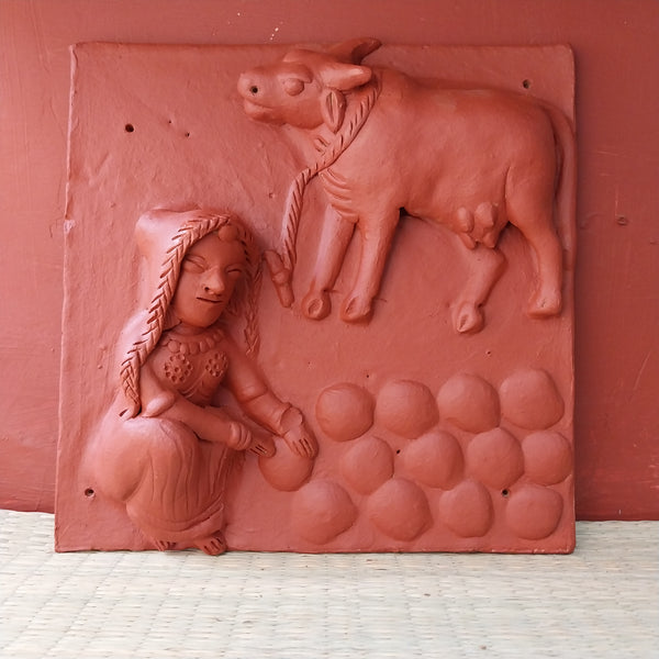 Woman making dung cakes - Terracotta Tile