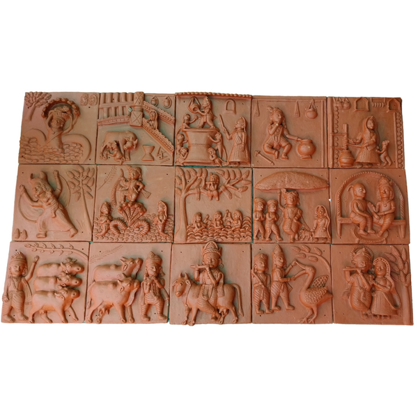 Krishna Leela Terracotta Mural ( Set of 15 tiles)