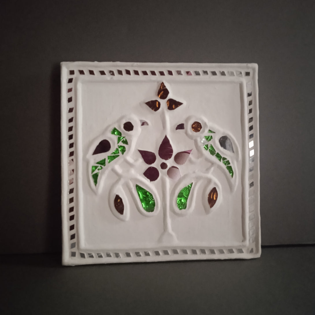 Parrot - Colored Lippan/Mud n Mirror work frame ( 8" x 8" x 0.5")