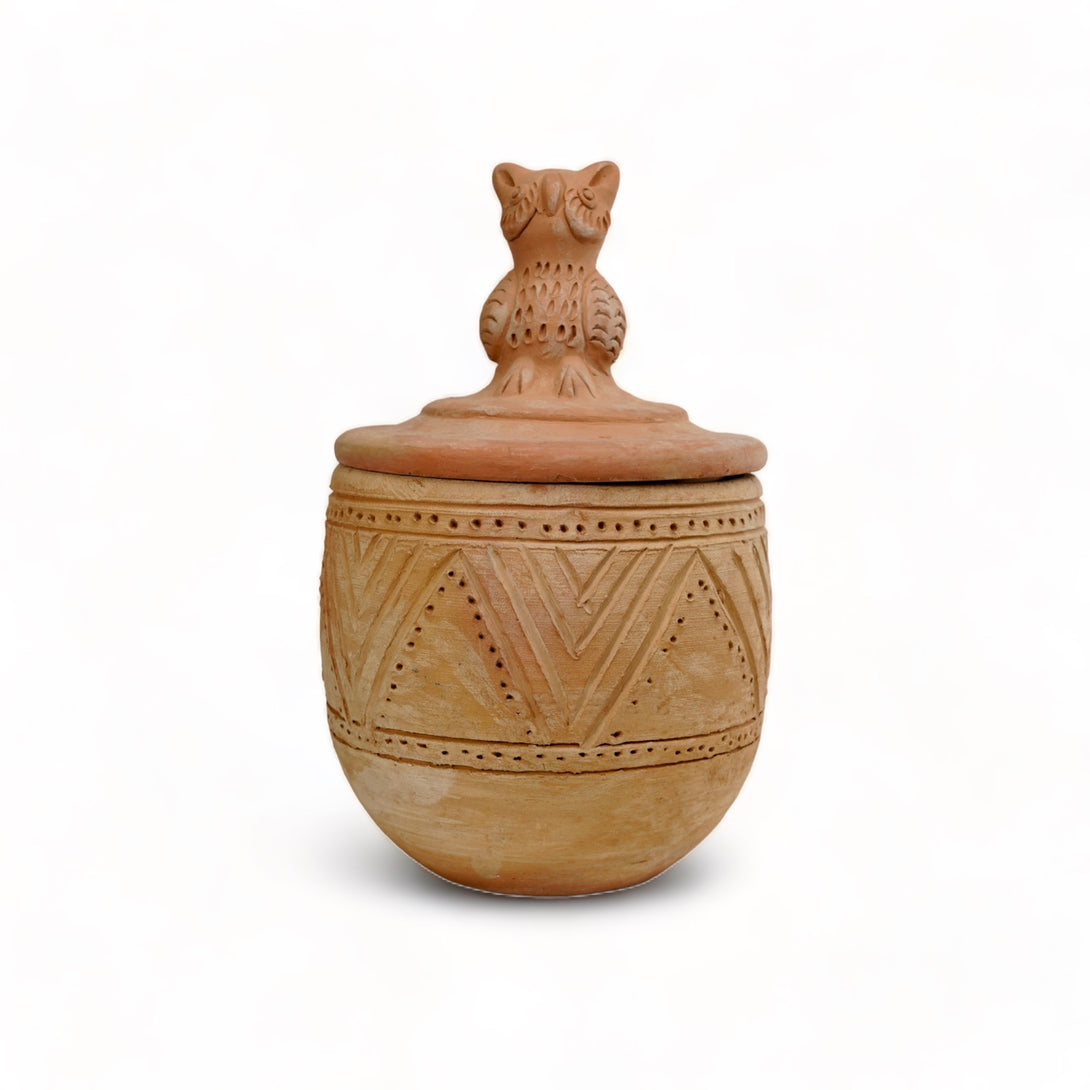 Incised Terracotta unglazed Canister - Owl theme