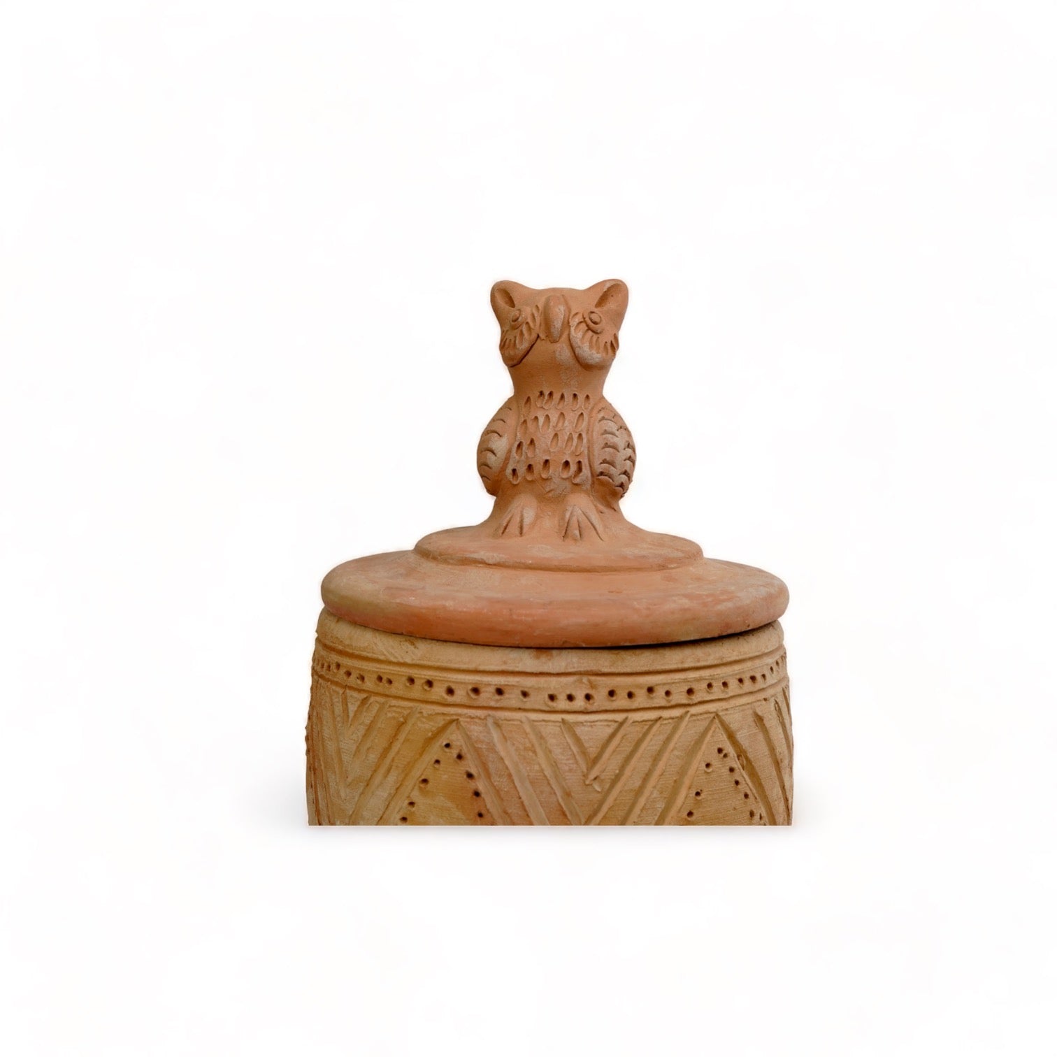 Incised Terracotta unglazed Canister - Owl theme
