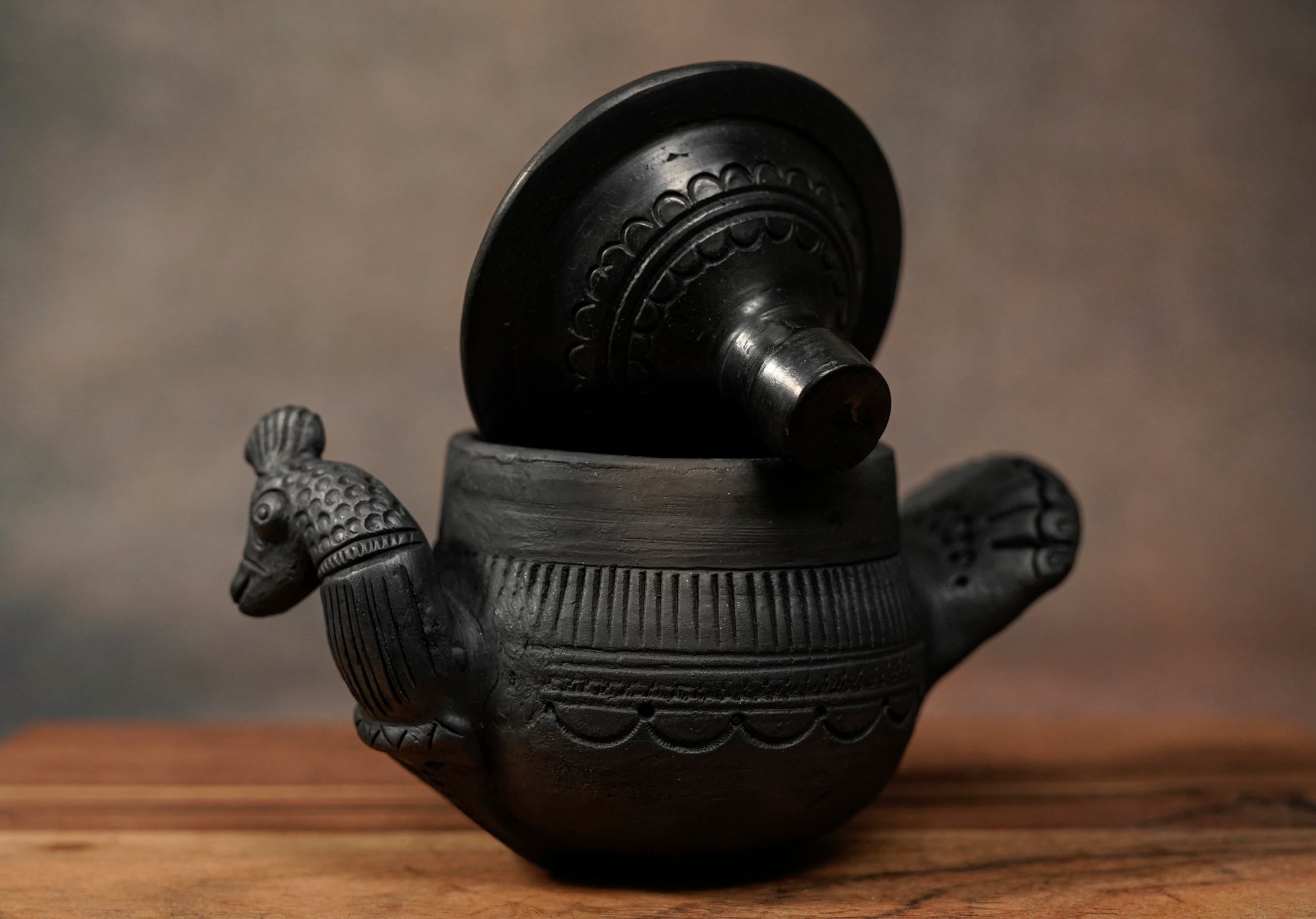 Sawai Madhopur Black Terracotta Jar - Peacock