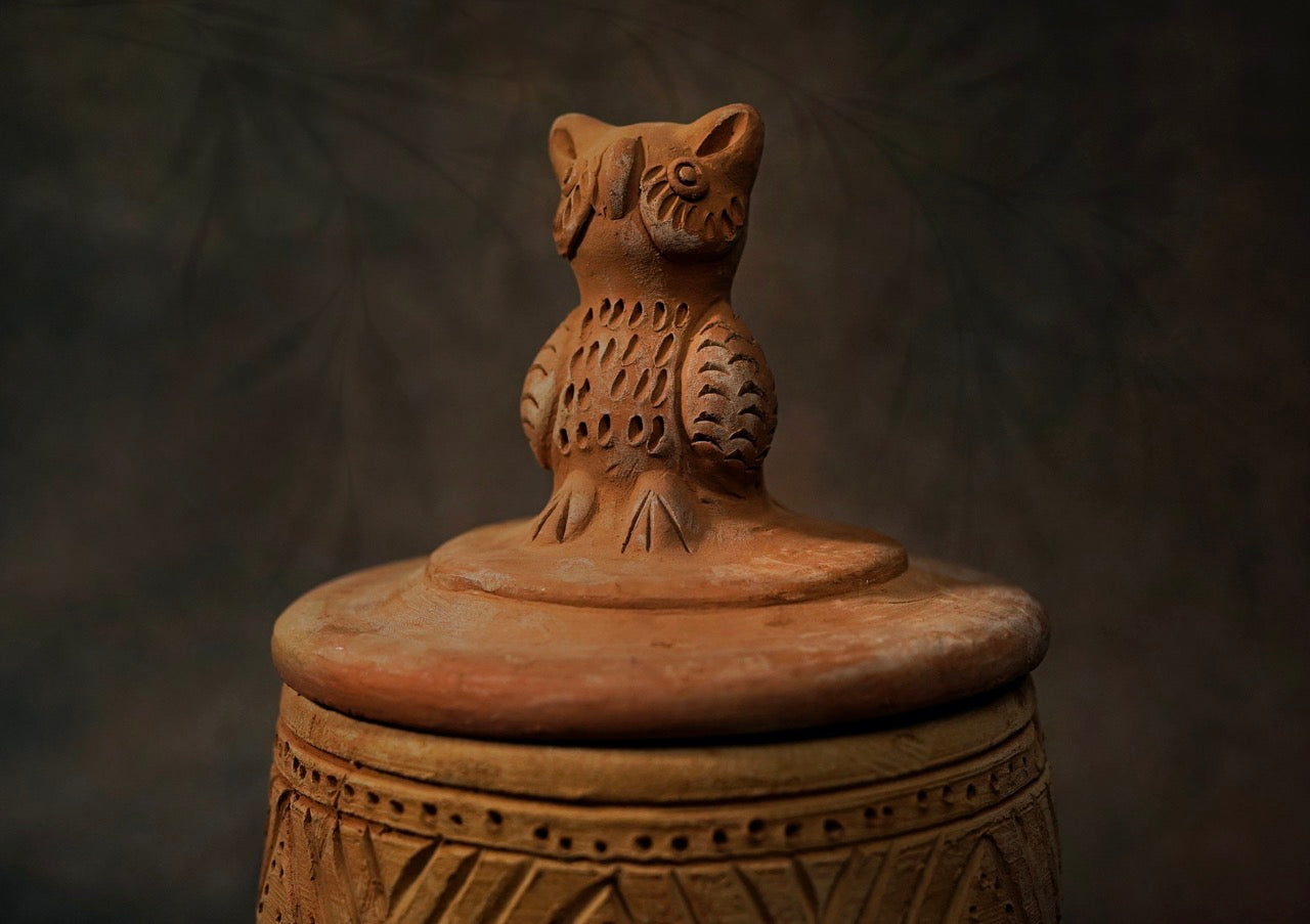 Incised Terracotta unglazed Canister - Owl theme