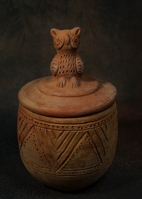 Incised Terracotta unglazed Canister - Owl theme