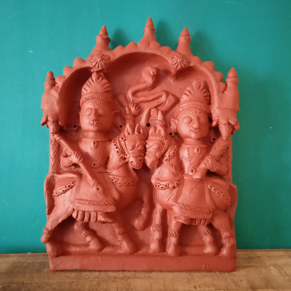 Twin Gods on Horses Terracotta Plaque