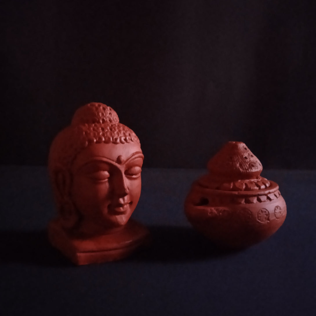 Terracotta Buddha Face + Diya