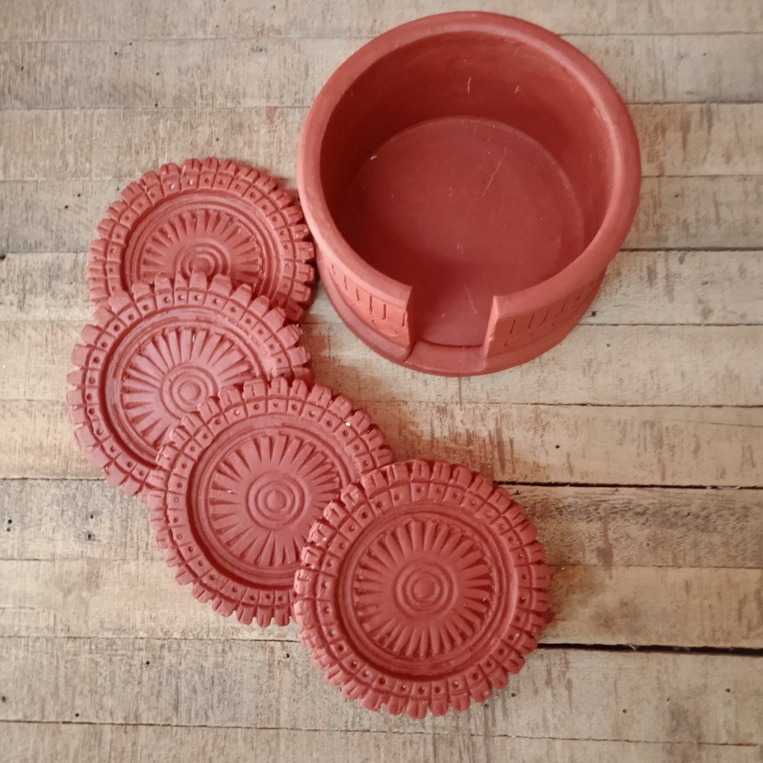 Terracotta Mandala Coasters with a stand - Set of 4