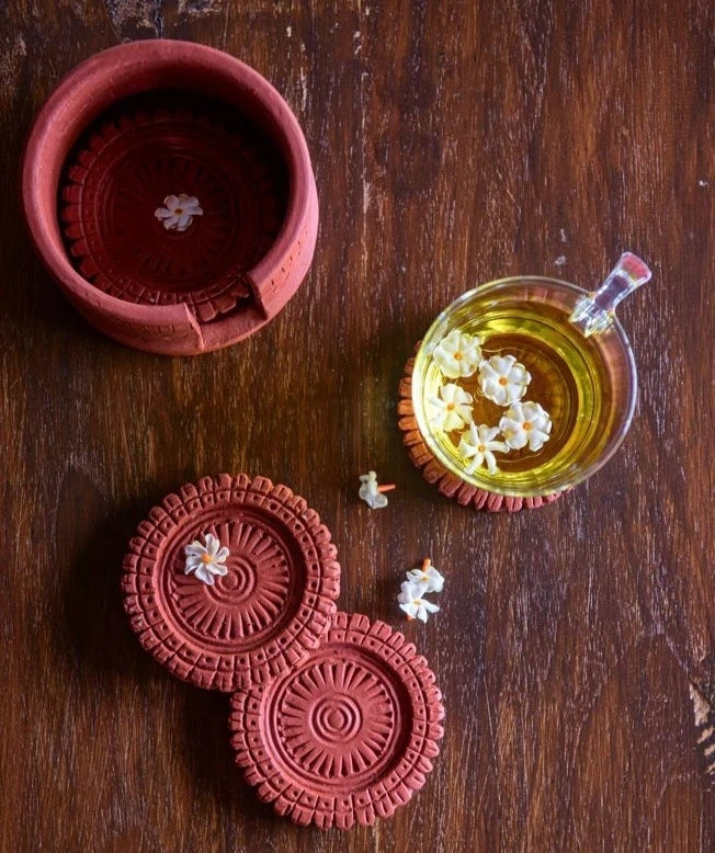 Terracotta Mandala Coasters with a stand - Set of 4